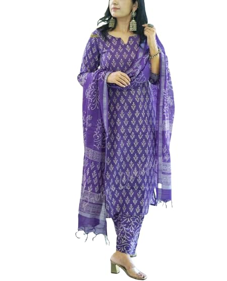Go pixi Women's Cotton Printed Straight Kurta with Palazzo & Dupatta Set - Image 2