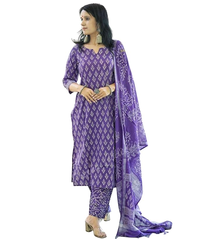 Go pixi Women's Cotton Printed Straight Kurta with Palazzo & Dupatta Set - Image 7