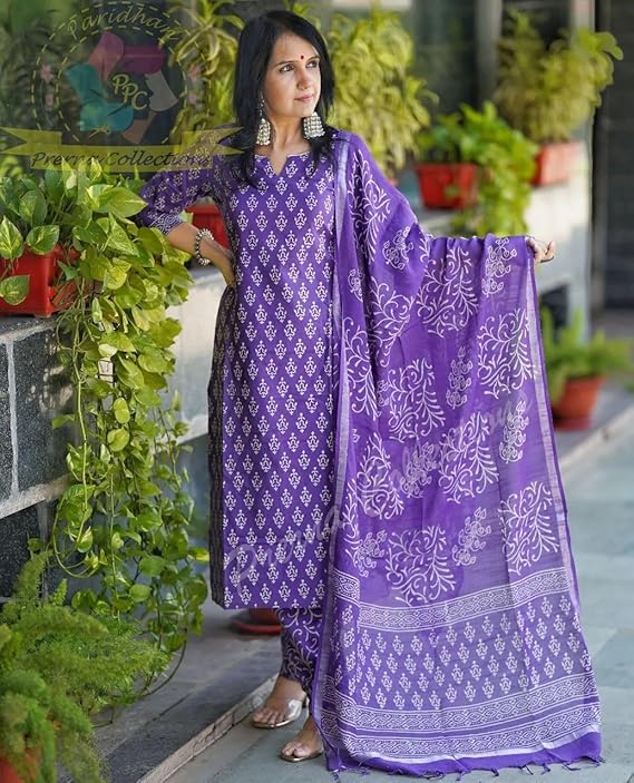 Go pixi Women's Cotton Printed Straight Kurta with Palazzo & Dupatta Set - Image 6