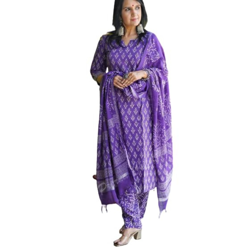 Go pixi Women's Cotton Printed Straight Kurta with Palazzo & Dupatta Set