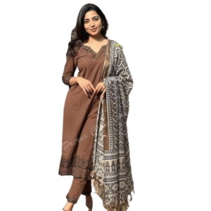 Go pixi Women Pure Cotton Embroidery Straight Kurti with Pant & Dupatta Set (Brown)