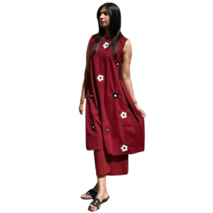 GO pixi Women's Maroon Sleeveless Cotton Kurta Set with Floral Embroidery | Ethnic Wear for Office, Casual & Summer | Comfortable