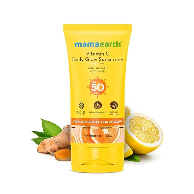 GO pixi Mamaearth Vitamin C Daily Glow Sunscreen with Vitamin C & Turmeric | For Sun Protection, Tan Protection & Glow | SPF 50 & PA++++ Protection | No White Cast | Lightweight & Non-Sticky | Brightens Skin | For All Skin Types | 50 g